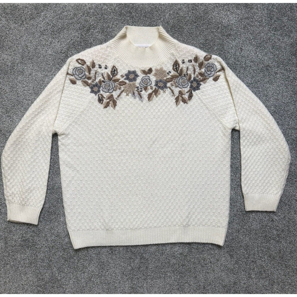Vtg Alfred Dunner Cottage Core Granny Glam Embroidered Floral Knit Sweater Large